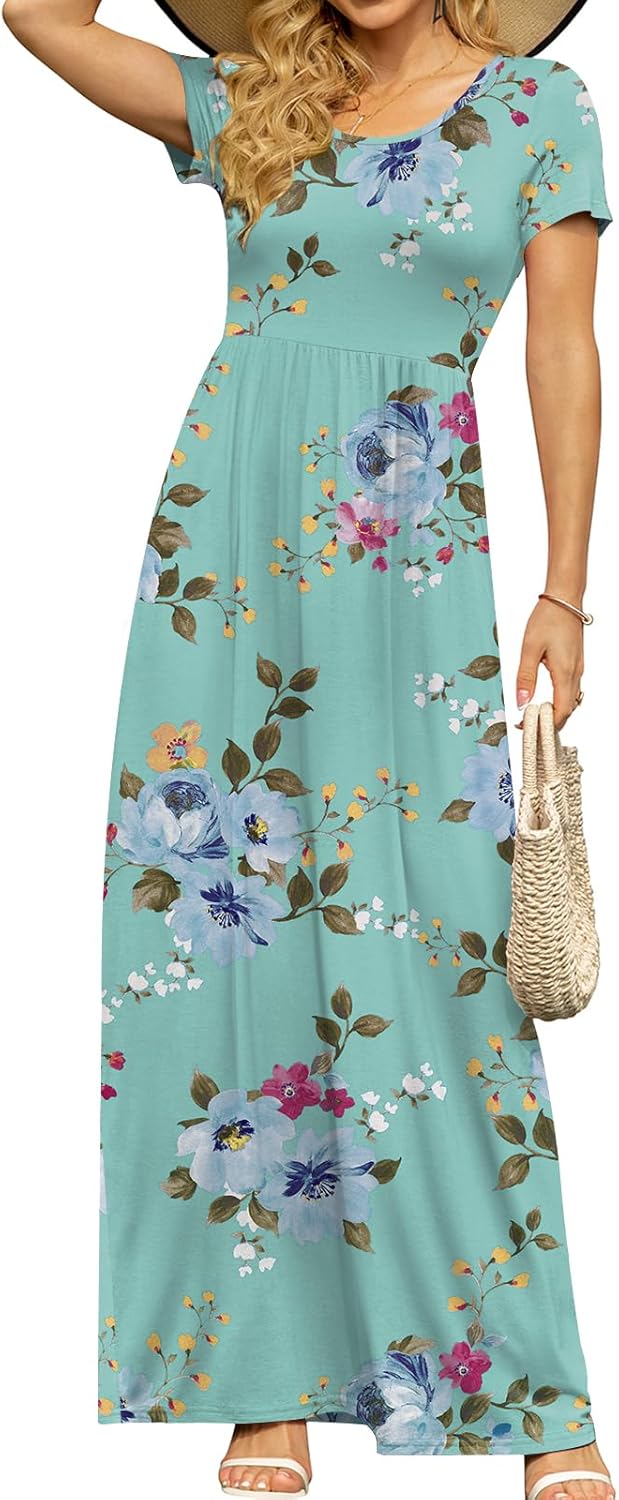DB MOON Womens 2025 Summer Maxi Dresses Casual Short Sleeve Empire Waist Spring Long Dress with Pockets