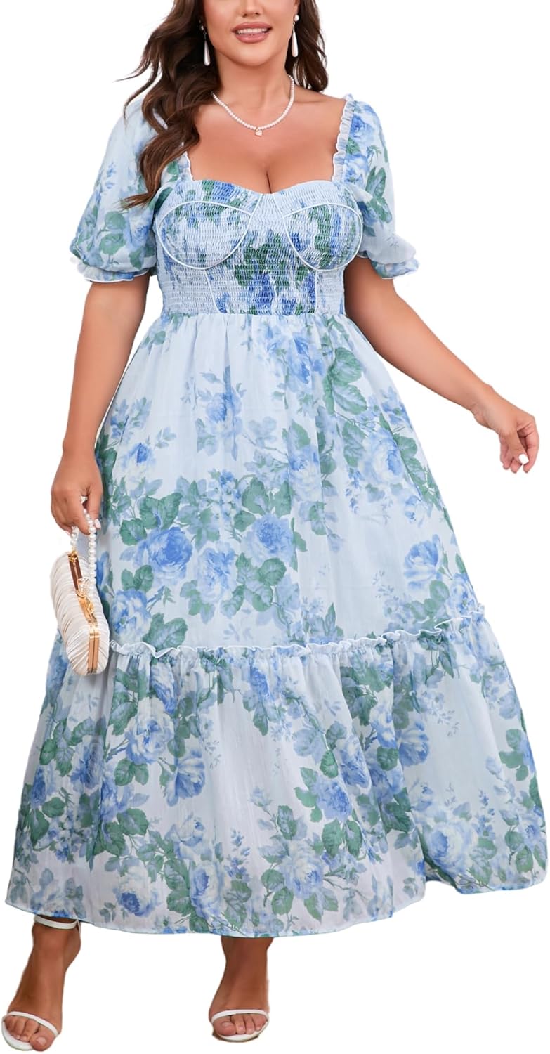 EYWOL Women's Plus Size Floral Maxi Dress Puff Sleeves Cottagecore Corset Dresses Flowy Smocked Formal Casual Party Wear