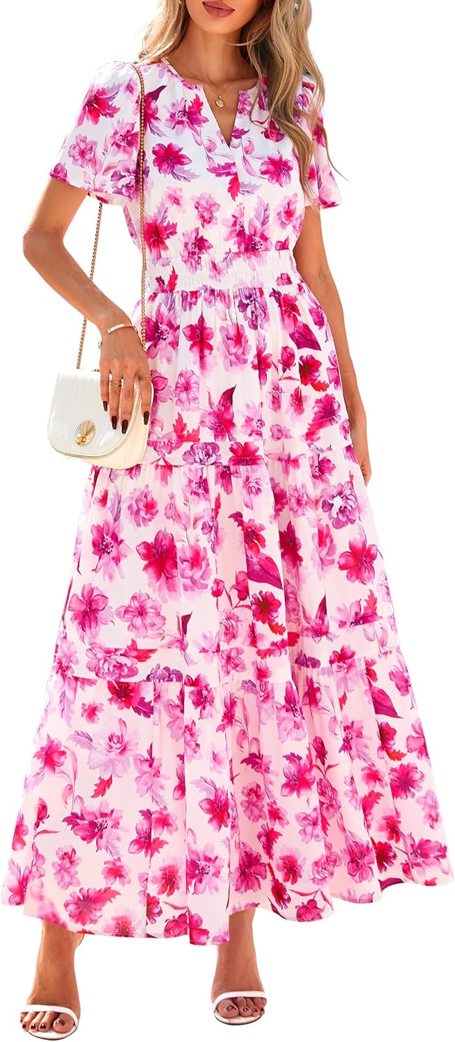 PRETTYGARDEN Women's 2025 Summer Boho Maxi Dresses Floral Short Sleeve V Neck A Line Tiered Flowy Long Beach Vacation Dress